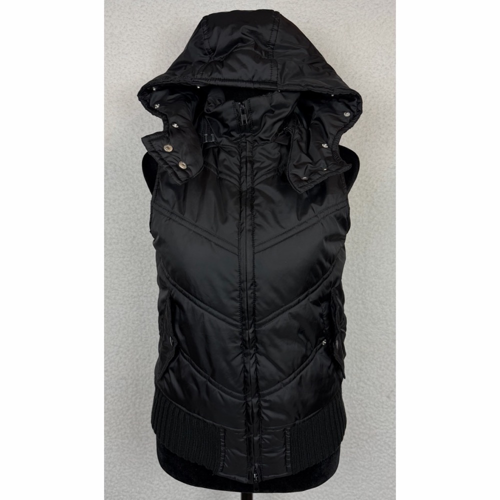 (VTG) FOREVER 21 • Black/Tan Y2K Quilted Zip-Up Vest w/ Faux Fur Trimmed Hood, S - Picture 12 of 15